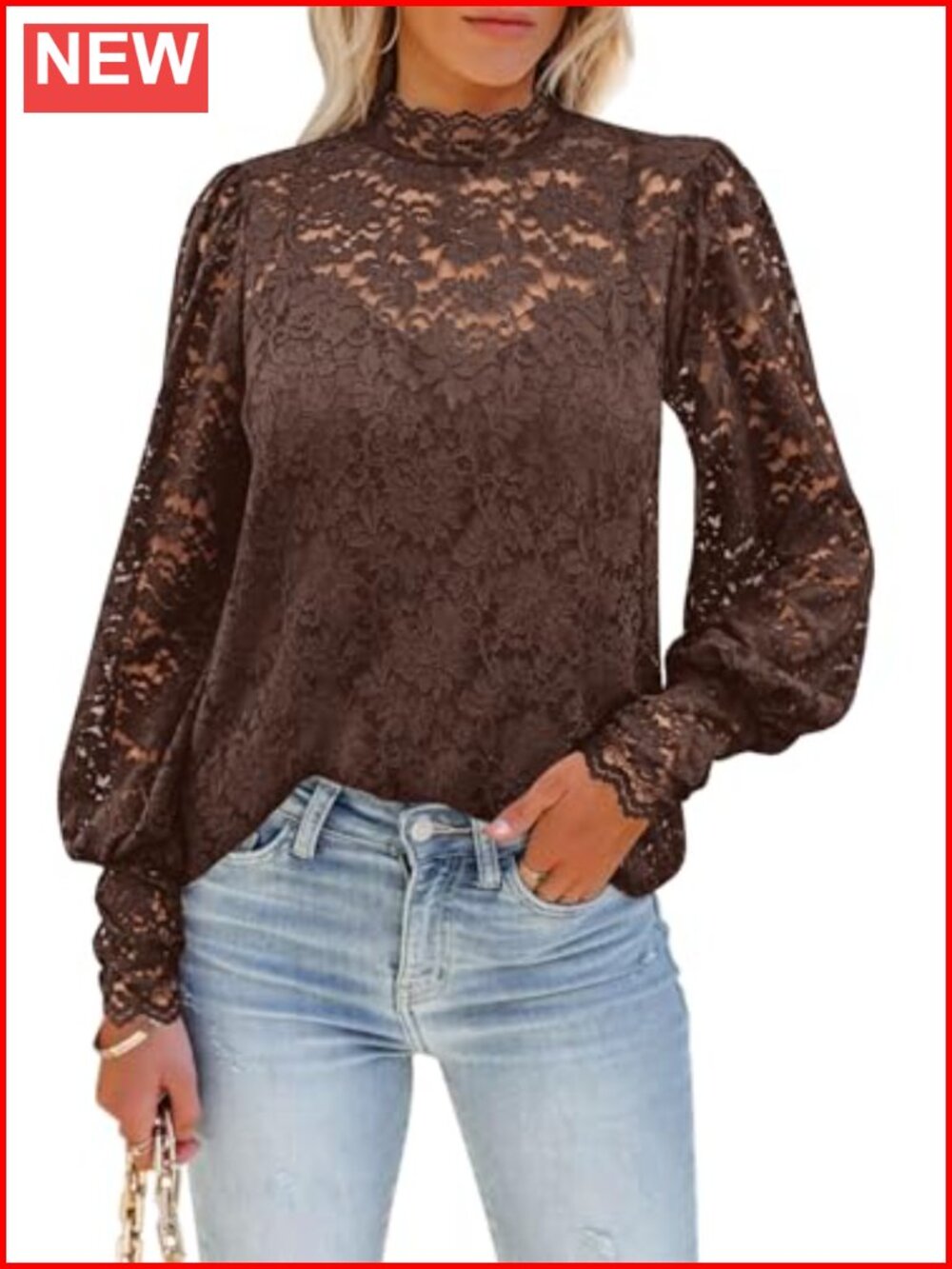 Women's Floral Lace Long Sleeve Mock Neck Blouse with Cami Included